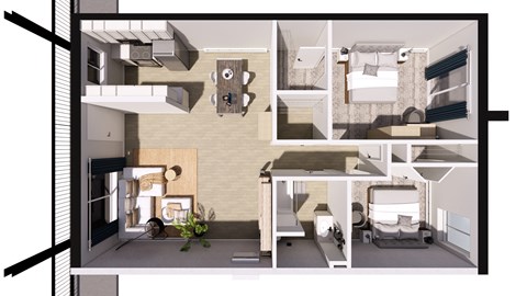 A 3D rendered image of a modern apartment layout.